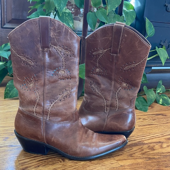 Matisse Brown Leather Pointed Toe Cowboy Boots Cutout Turq. Floral Design - Picture 3 of 11